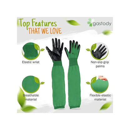 Green gardening gloves with features listed on a white background, branded 'gastody'.