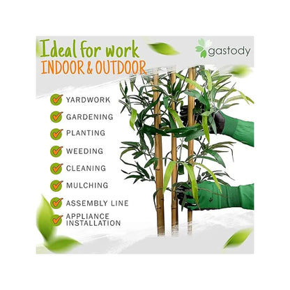 Gastody product packaging with gardening activities listed and a person wearing green gloves holding plants.