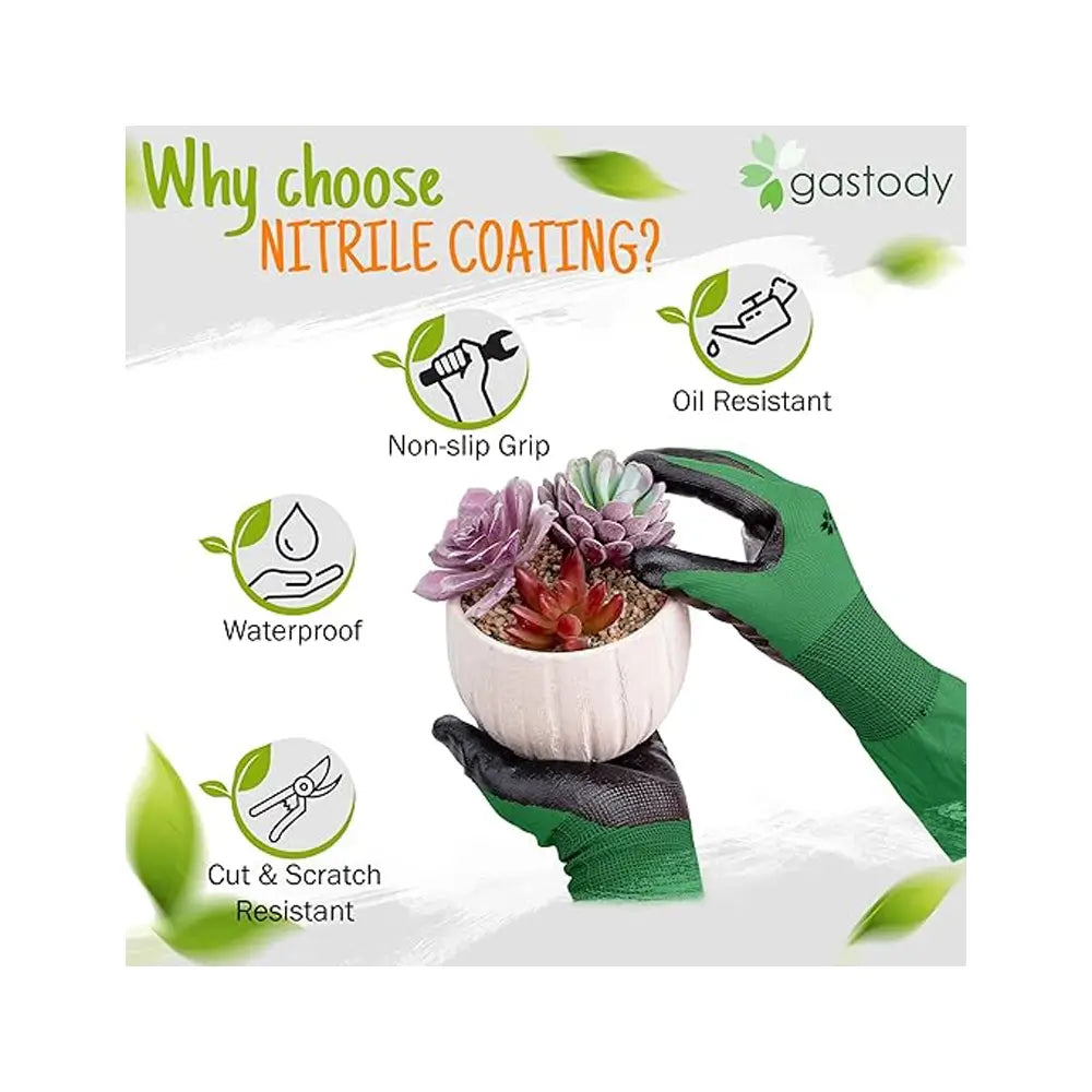 Gastody gardening gloves with a plant, highlighting features like non-slip grip, oil resistance, water resistance, and cut & scratch resistance.