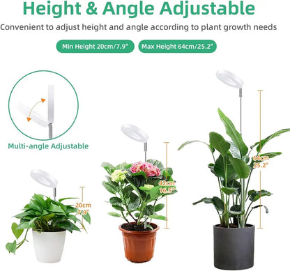 Plant grow light with adjustable height and angle, shown with plants at different heights.