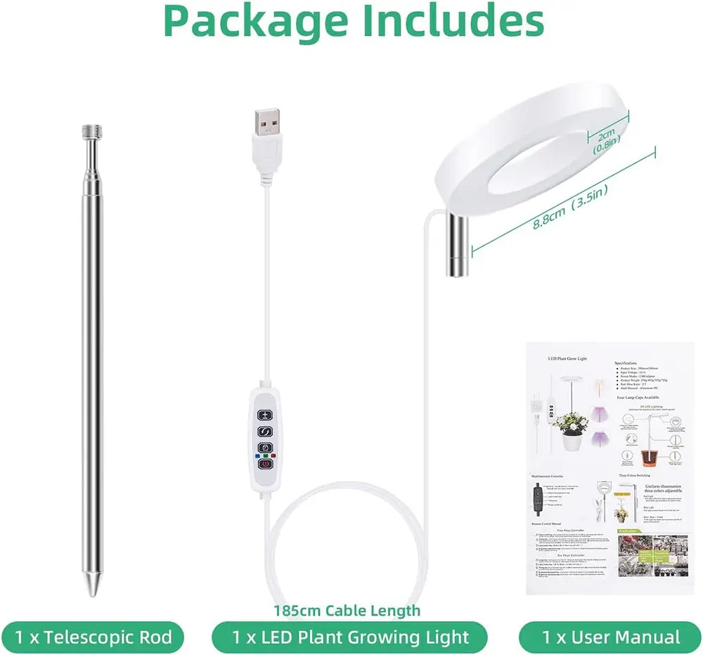 Package contents including a telescopic rod, LED plant growing light, and user manual on a white background.
