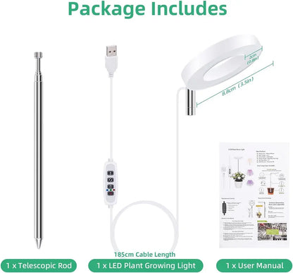 Package contents including a telescopic rod, LED plant growing light, and user manual on a white background.