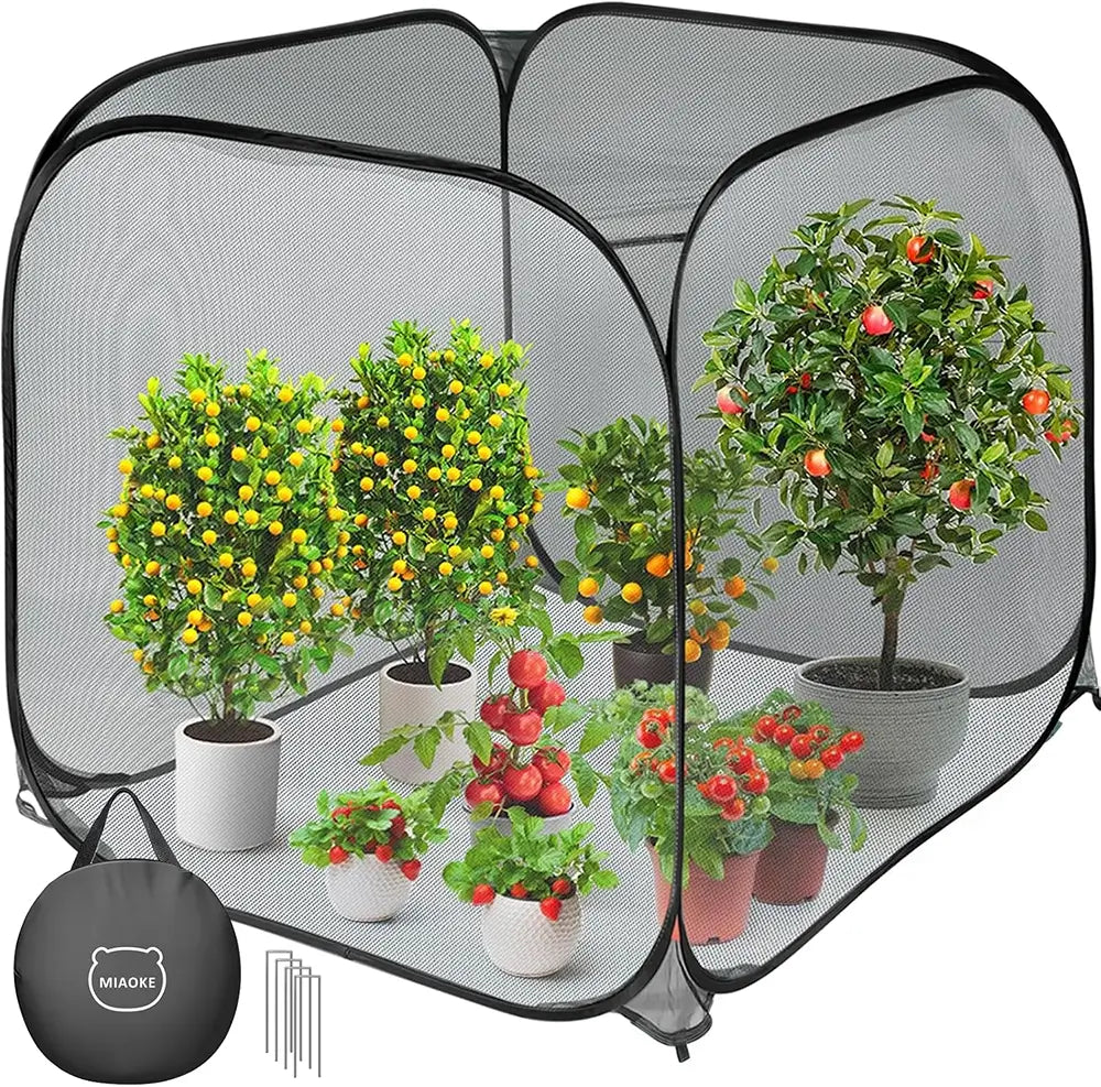 Portable plant greenhouse with potted plants inside, featuring a MIAOKE bag.