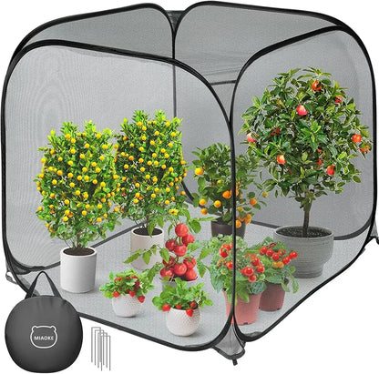 Portable plant greenhouse with potted plants inside, featuring a MIAOKE bag.