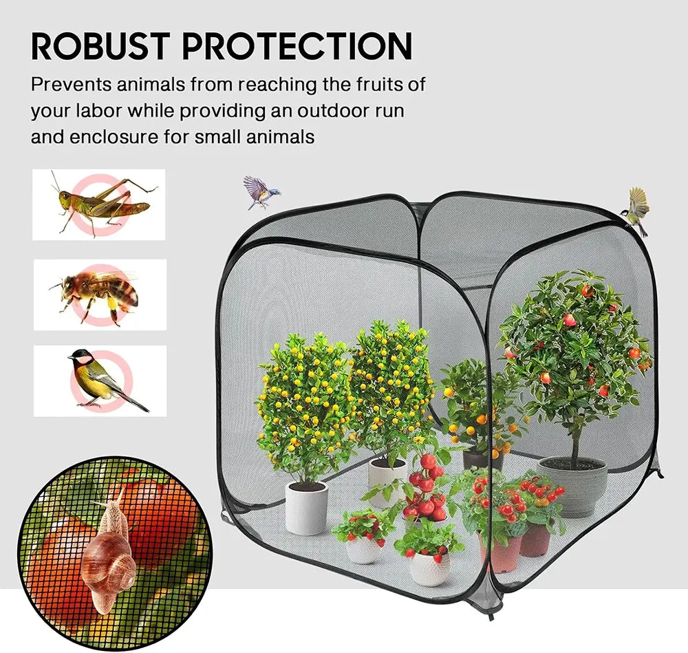 A pop-up mesh enclosure tent for small animals, shown with artificial potted plants inside. The image includes marketing text reading 'ROBUST PROTECTION' and inset graphics showing insects, a bird, and a snail blocked by the mesh.
