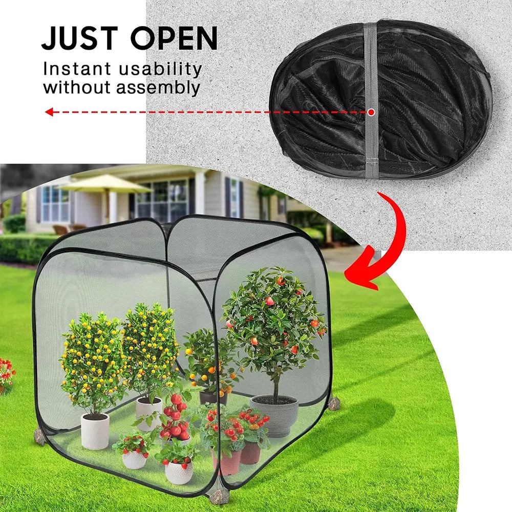 Pop-up garden shelter with plants inside, showing instant usability without assembly.