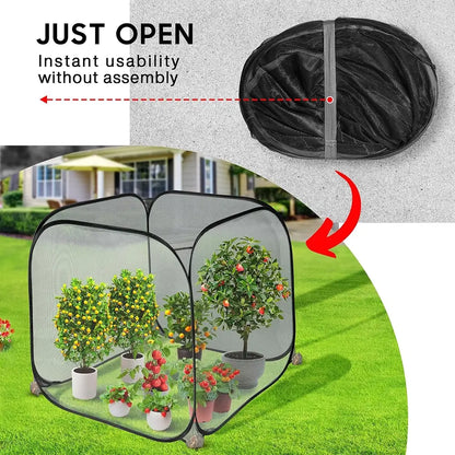 Pop-up garden shelter with plants inside, showing instant usability without assembly.