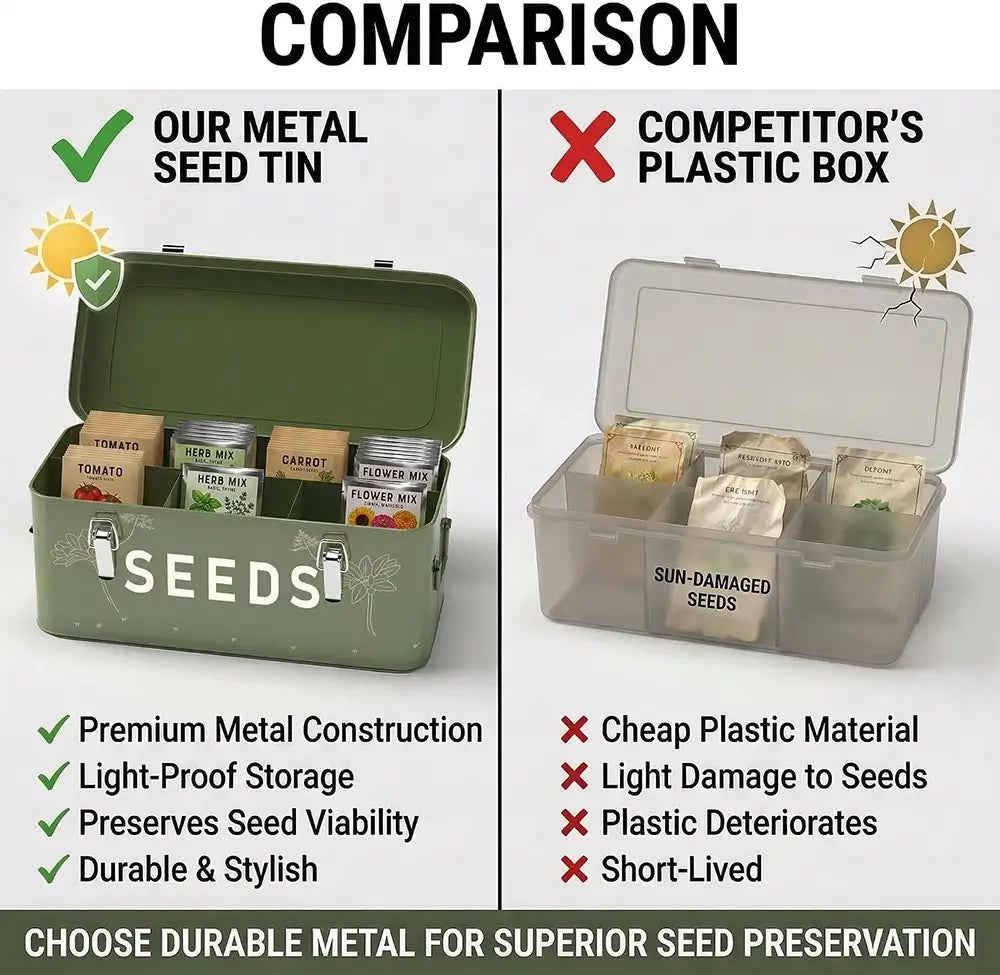 Comparison between a metal seed tin and a competitor's plastic box for seed storage.