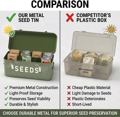 Comparison between a metal seed tin and a competitor's plastic box for seed storage.