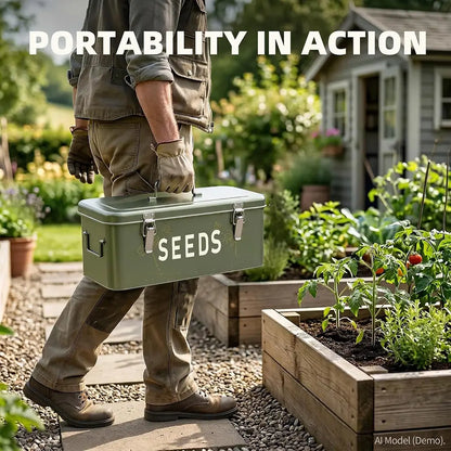 A person in gardening clothes carries a green metal seed storage box labeled 'SEEDS' in a sunny garden with raised beds and plants. Large text at the top reads 'PORTABILITY IN ACTION'.