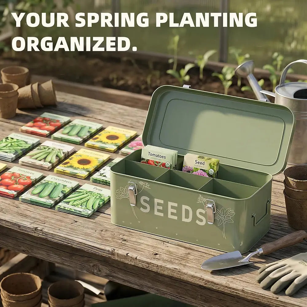 Green seed storage box on a wooden table with gardening tools and seed packets.