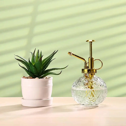 Clear glass plant sprayer with gold accents next to a potted plant on a light surface with a green background