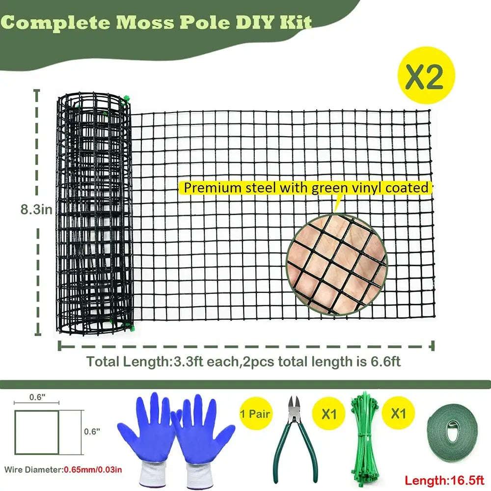 Complete Moss Pole DIY Kit with components and measurements on a white background