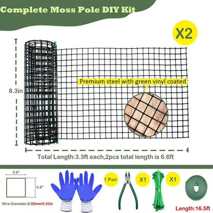 Complete Moss Pole DIY Kit with components and measurements on a white background
