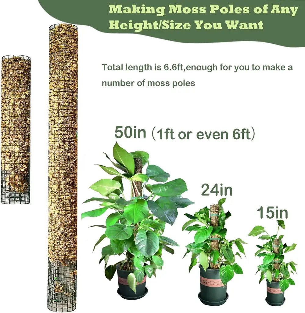 Moss pole with text indicating its length and uses for various plant heights.