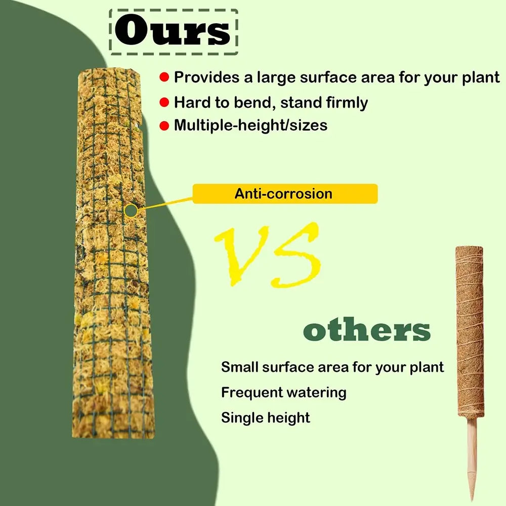 Comparison chart of a textured plant support stake labeled 'Ours' with benefits and 'others' with drawbacks on a green background.