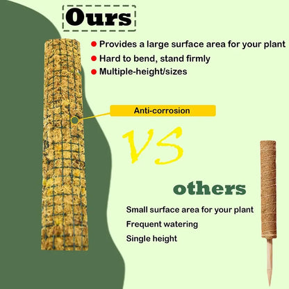 Comparison chart of a textured plant support stake labeled 'Ours' with benefits and 'others' with drawbacks on a green background.