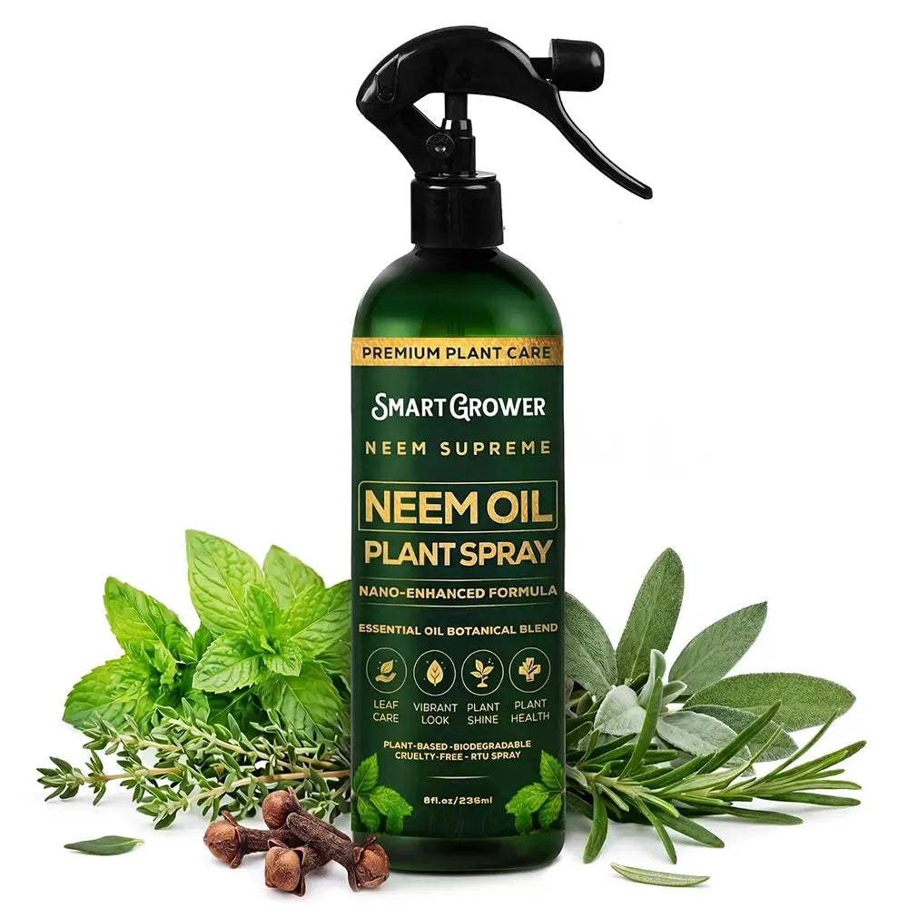 A bottle of Smart Grower Neem Supreme Neem Oil Plant Spray, presented with fresh green herbs, cloves, and rosemary from our Indoor Garden Kit Essentials collection 