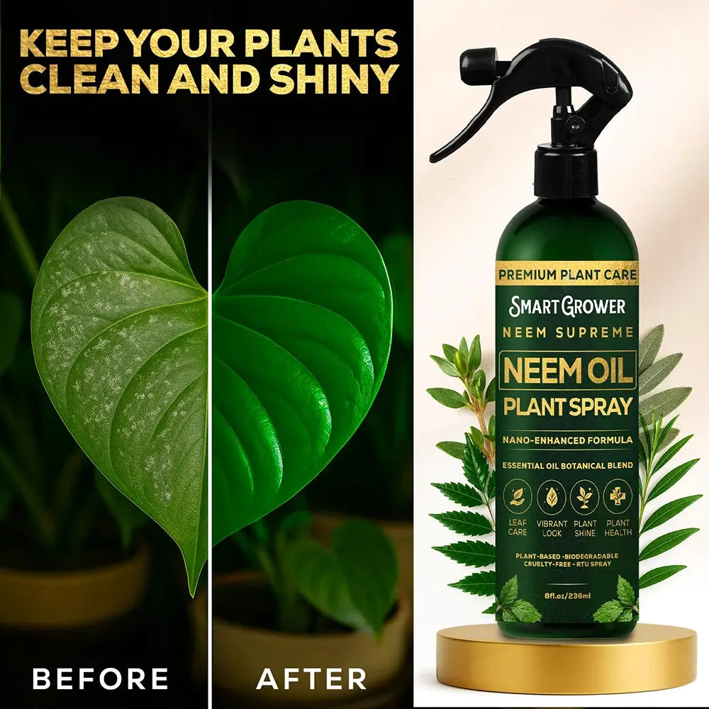 Smart Grower Neem Supreme Neem Oil Plant Spray bottle shown next to a before-and-after split screen of a green plant leaf, with text reading 'KEEP YOUR PLANTS CLEAN AND SHINY' and 'BEFORE' and 'AFTER'.