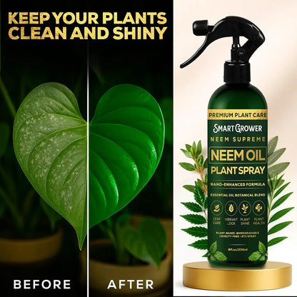 Smart Grower Neem Supreme Neem Oil Plant Spray bottle shown next to a before-and-after split screen of a green plant leaf, with text reading 'KEEP YOUR PLANTS CLEAN AND SHINY' and 'BEFORE' and 'AFTER'.