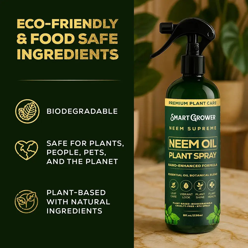 A bottle of Smart Grower Neem Supreme Neem Oil Plant Spray on a marble surface with a dark green background. The left side features promotional text highlighting eco-friendly ingredients and benefits like biodegradability and safety for plants, people, pets, and the planet.