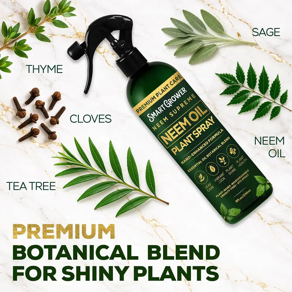 A bottle of Neem Oil Plant Spray by Smart Grower is displayed diagonally on a white marble background, surrounded by botanical illustrations and labels for Thyme, Cloves, Sage, Tea Tree, Neem Oil, and a 'Premium Botanical Blend'.