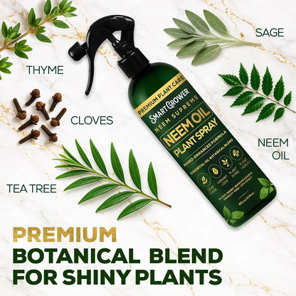 A bottle of Neem Oil Plant Spray by Smart Grower is displayed diagonally on a white marble background, surrounded by botanical illustrations and labels for Thyme, Cloves, Sage, Tea Tree, Neem Oil, and a 'Premium Botanical Blend'.