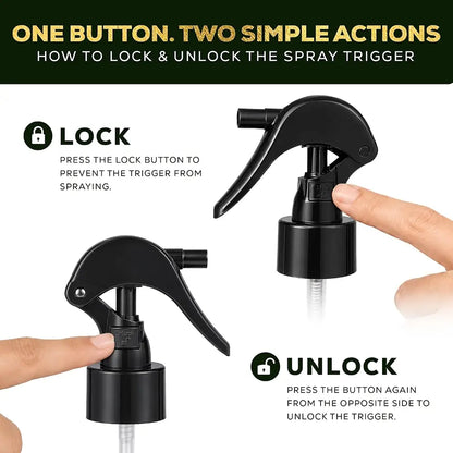Instruction graphic showing how to lock and unlock a spray trigger pump. The image features two black spray nozzles on a white background, with text explaining that pressing the lock button prevents spraying, and pressing the unlock button from the opposite side unlocks the trigger.
