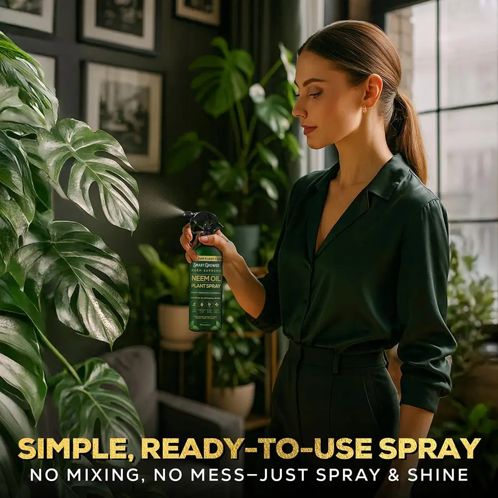 A woman in a dark green blouse sprays a plant with a green-and-black spray bottle in a styled indoor setting with framed wall art and large green plants. Text at the bottom reads: 'SIMPLE, READY-TO-USE SPRAY' and 'NO MIXING, NO MESS-JUST SPRAY & SHINE.