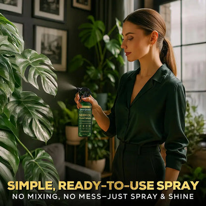 A woman in a dark green blouse sprays a plant with a green-and-black spray bottle in a styled indoor setting with framed wall art and large green plants. Text at the bottom reads: 'SIMPLE, READY-TO-USE SPRAY' and 'NO MIXING, NO MESS-JUST SPRAY & SHINE.