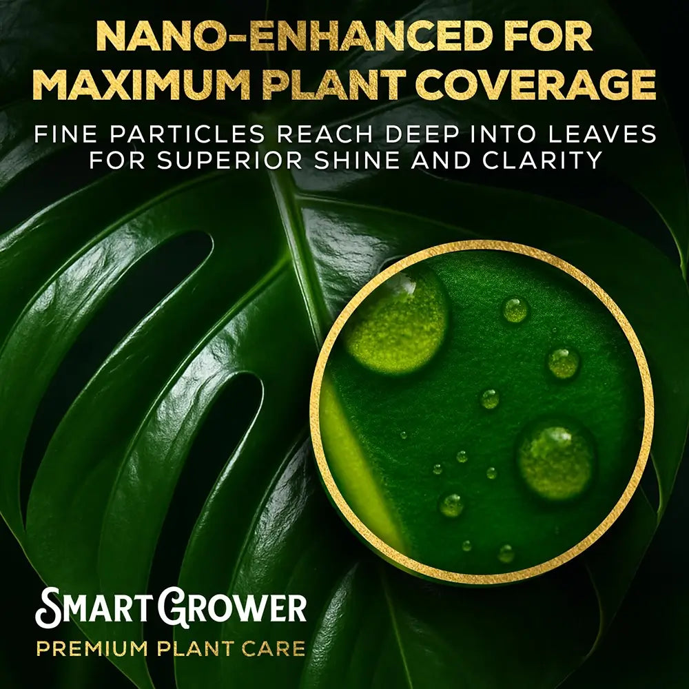 Promotional graphic for Smart Grower nano-enhanced plant care, featuring large green leaves, gold and white text, and a circular inset showing water droplets on a glossy green surface.
