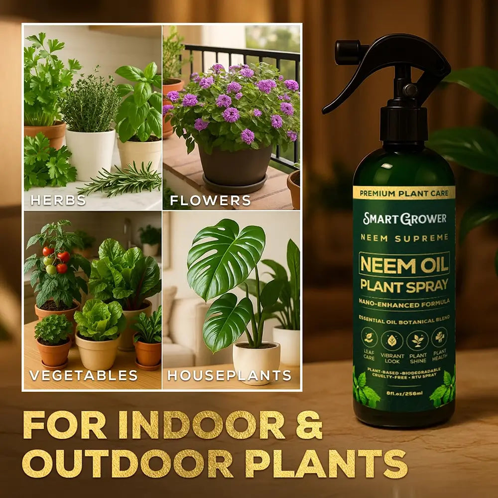 Neem oil plant spray bottle with images of plants on a wooden surface