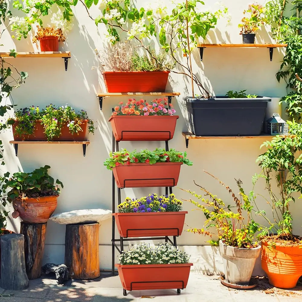 Outdoor garden with various potted plants on shelves and ground