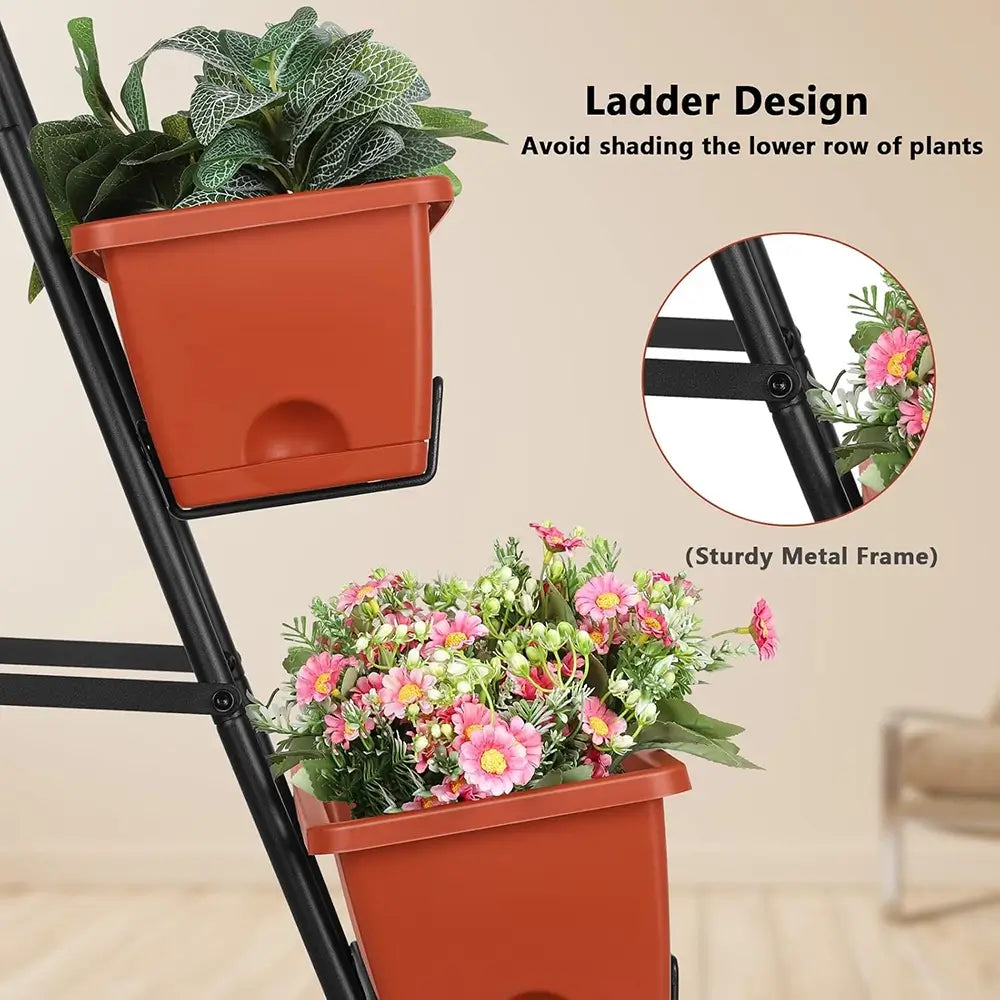 Ladder plant stand with two orange pots containing plants, one with a close-up of the metal frame.