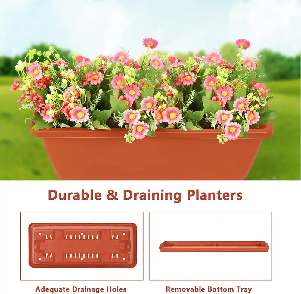 An orange-brown rectangular planter box filled with pink and yellow flowers, shown above a white section with text reading 'Durable & Draining Planters' and two inset product detail views.