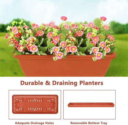 An orange-brown rectangular planter box filled with pink and yellow flowers, shown above a white section with text reading 'Durable & Draining Planters' and two inset product detail views.