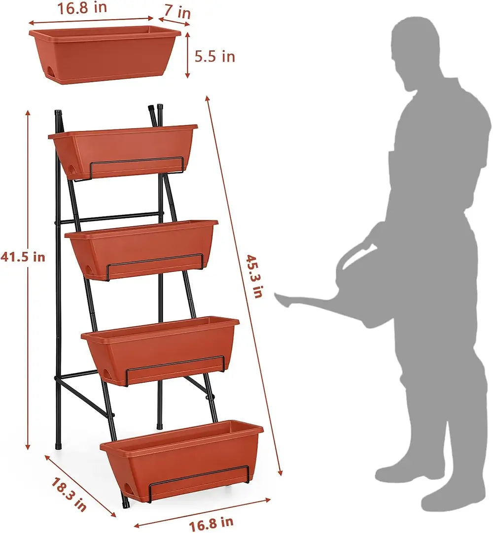 4-tiered plant stand with red planters and dimensions, shown with a person's silhouette for scale.