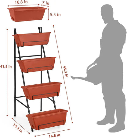 4-tiered plant stand with red planters and dimensions, shown with a person's silhouette for scale.