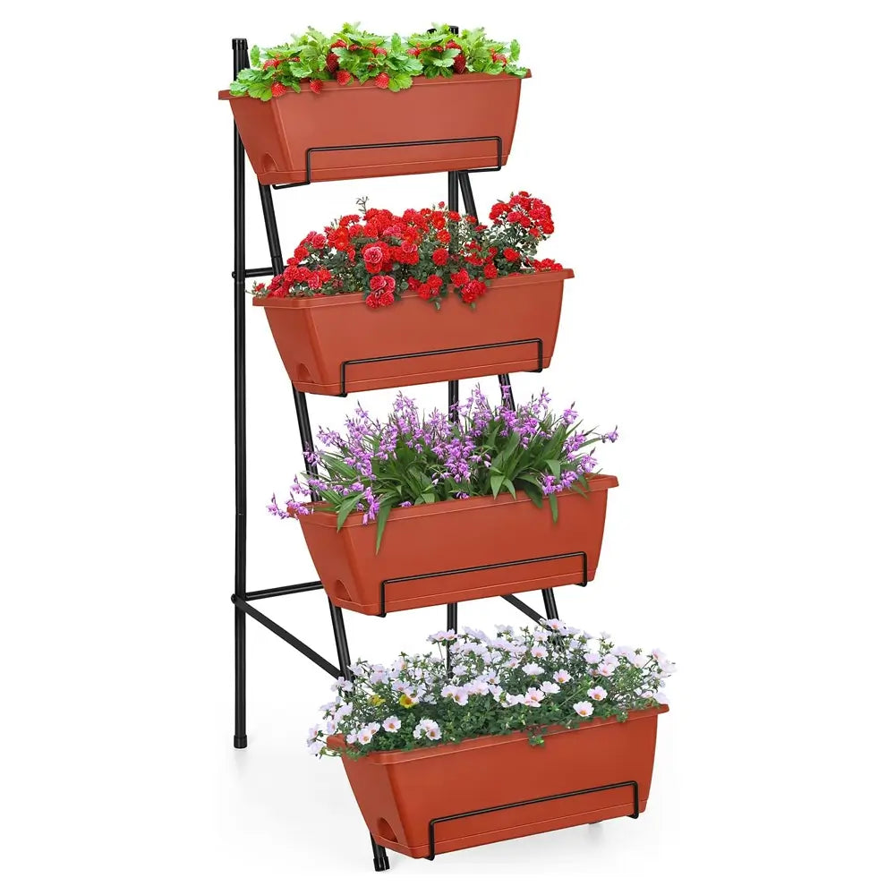 A four-tier vertical planter stand with a black metal frame and terracotta-colored rectangular planters filled with green, red, purple, and white flowers, shown on a plain white background from our Balcony Gardening Essentials
collection 