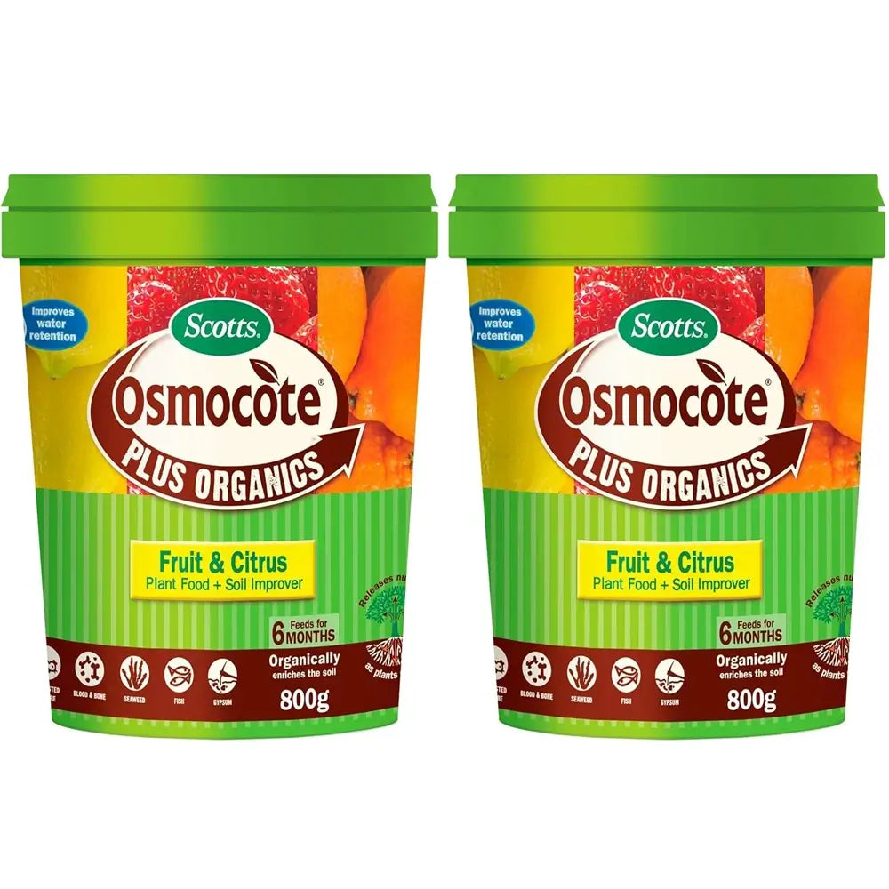 Two containers of Scotts Osmocote Plus Organics Fruit & Citrus plant food on a white background