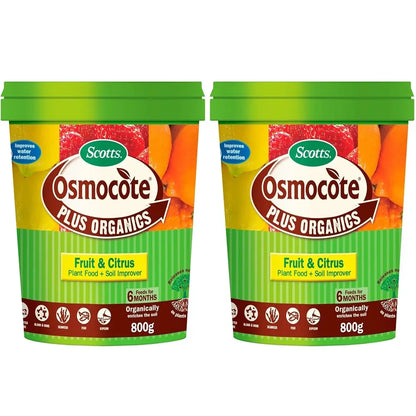 Two containers of Scotts Osmocote Plus Organics Fruit & Citrus plant food on a white background