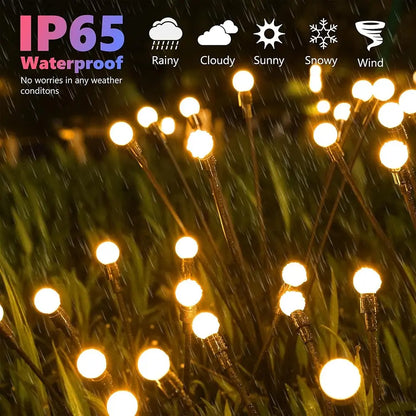 String lights on grass with weather condition icons and 'IP65 Waterproof' text.