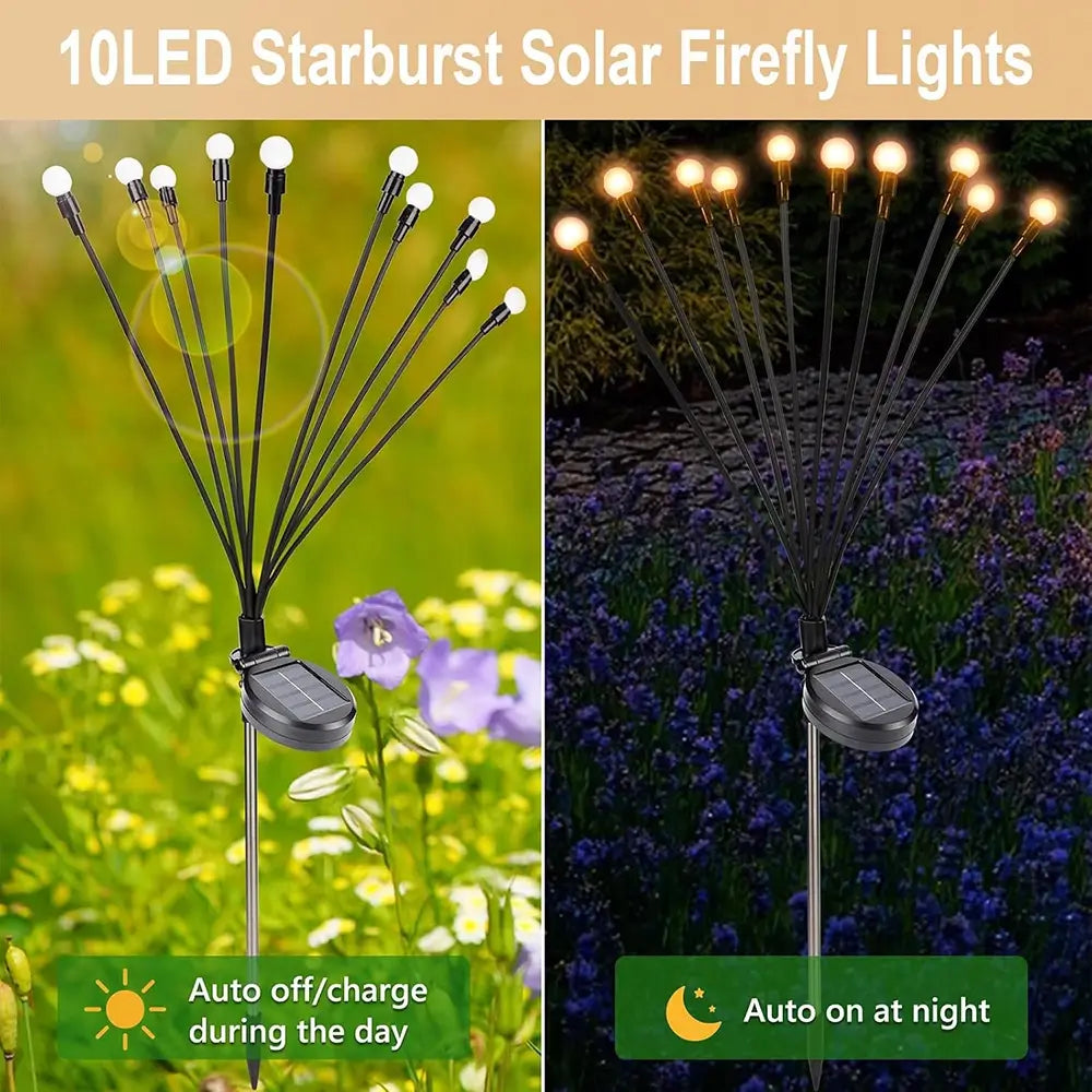 10LED Starburst Solar Firefly Lights with auto on/off features in outdoor settings.