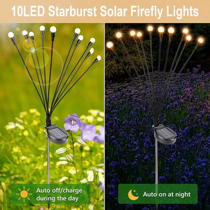 10LED Starburst Solar Firefly Lights with auto on/off features in outdoor settings.