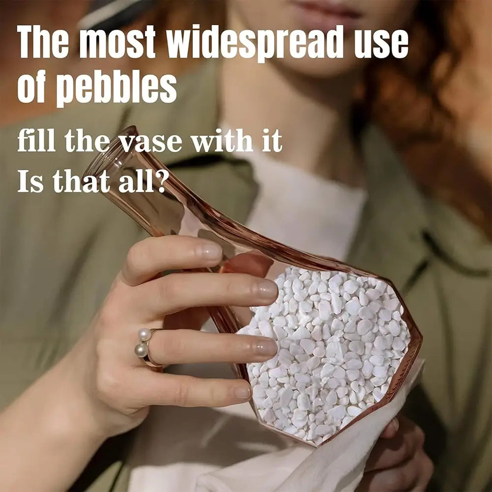 Person holding a vase filled with pebbles, with text overlay.