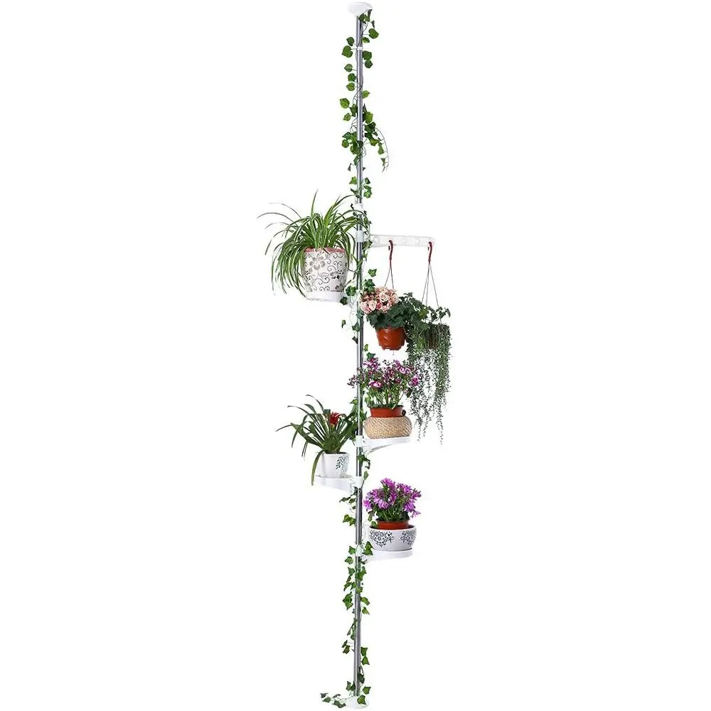 Vertical plant stand with multiple hanging planters on a white background