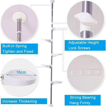 Collapsible shower curtain rod with features highlighted on a white background