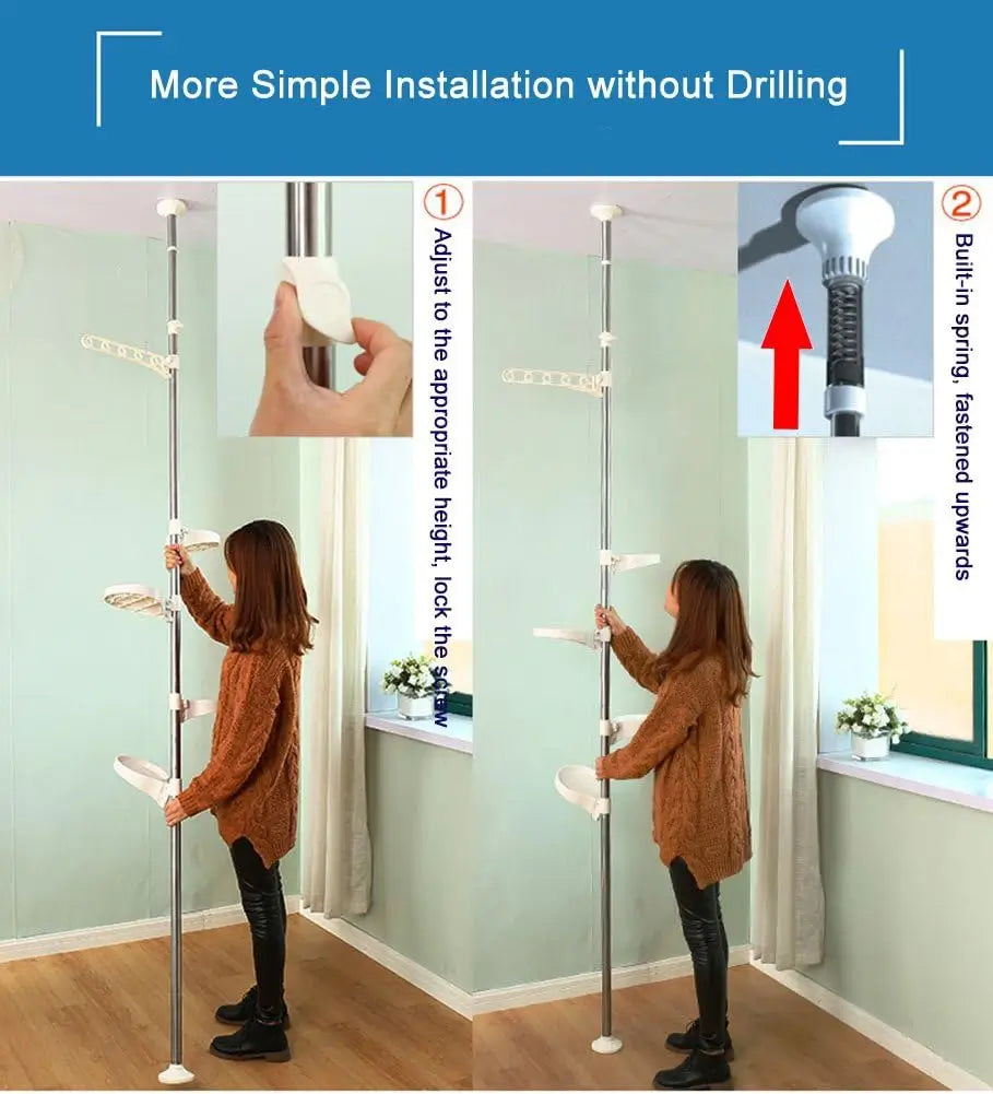Person adjusting a height-adjustable stand with text on installation process.