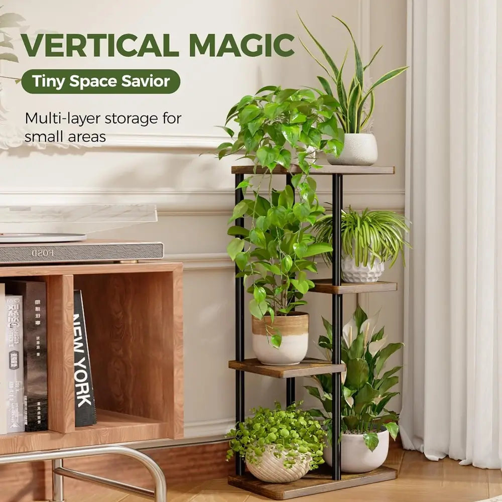 Vertical storage unit with plants in a living room setting, labeled 'Vertical Magic'.