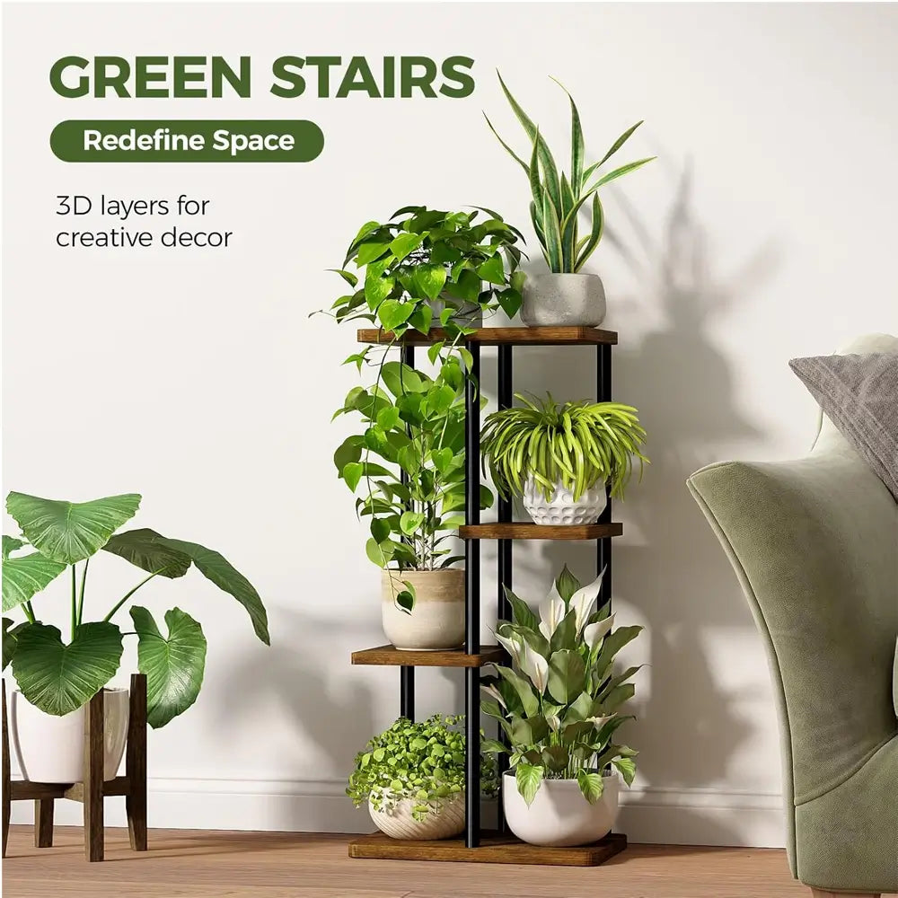 4-Tier Metal Wood Plant Stand Indoor Pedestal Base